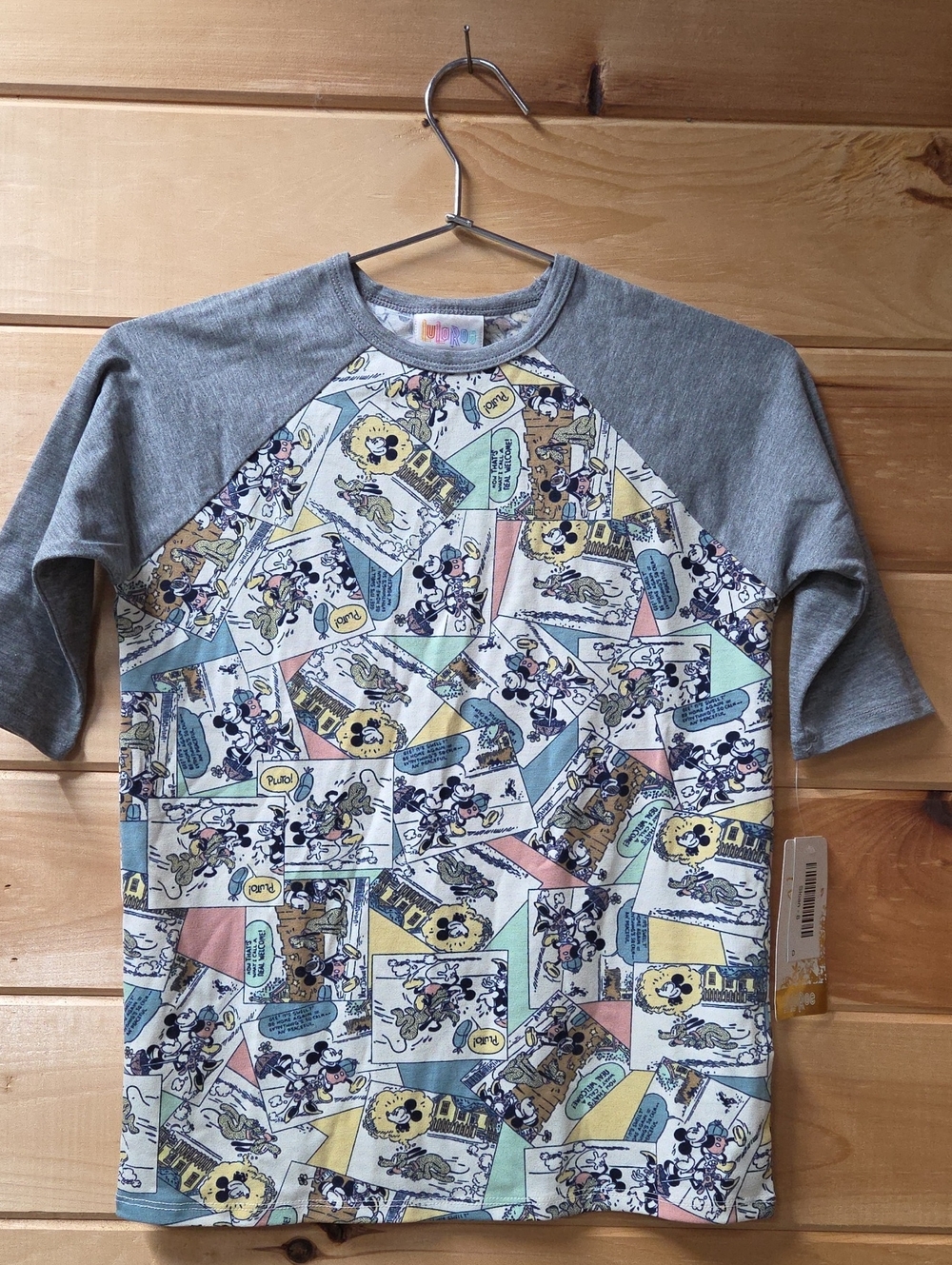 LuLaRoe Disney Sloan Classic Mickey Minnie Pluto Mouse Kids Raglan Tee in Gray